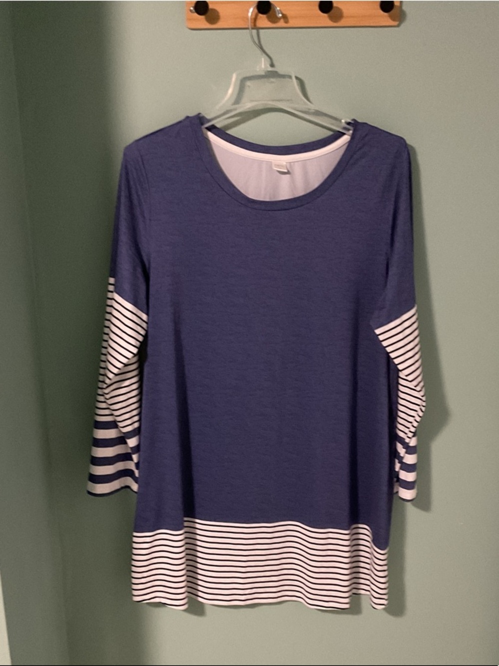 Women's Blue Striped Sleeve Tunic Top - Classic Casual